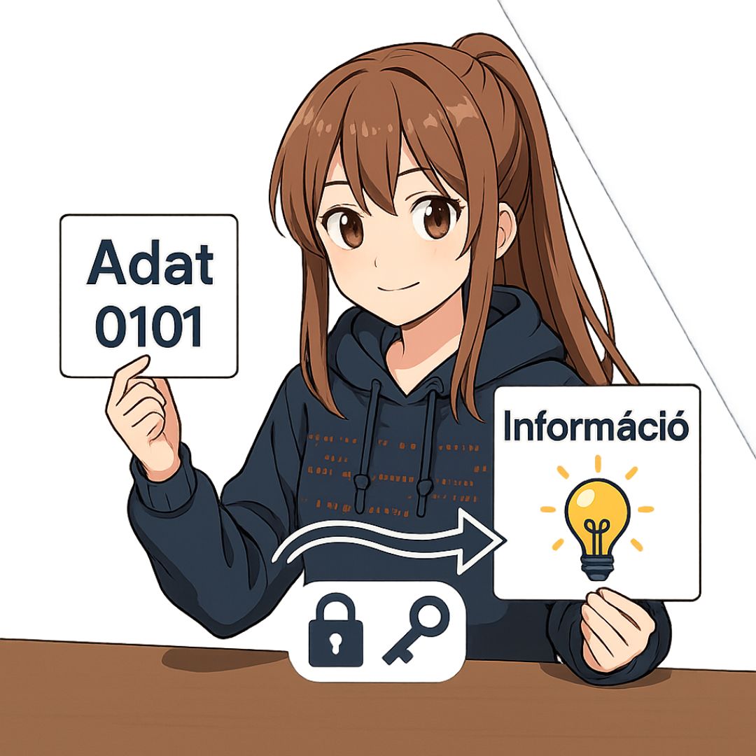 Anime lány „Adat” és „Információ” kártyákkal – adatból információ, kódolás–dekódolás szemléltetése.