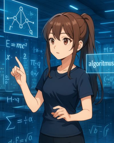 Anime-stílusú lány holografikus képletek és gráfok között, futurisztikus tanteremben, az elméleti informatika világát bemutatva.