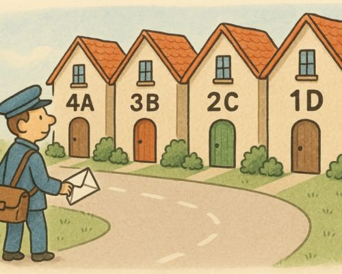 Anime stílusú illusztráció, amely a bájtsorrendet mutatja be: bal oldalon egy postás áll levelet tartva, jobbra négy kis ház sorakozik 4A, 3B, 2C, 1D felirattal, az út balról jobbra halad, szemléltetve a memóriacímek sorrendjét.