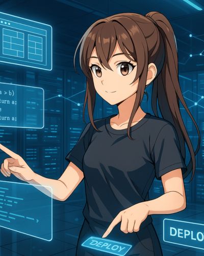 Anime-stílusú lány futurisztikus vezérlőteremben, holografikus képernyők között dolgozik, miközben rendszert élesít – a gyakorlati informatika világát szimbolizálja, ahol a kód életre kel.