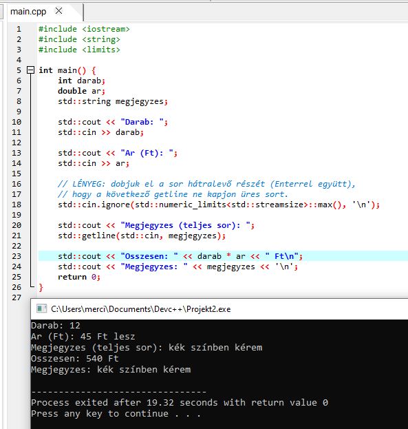 C++ be- és kimenet: cin.ignore() és std::getline() példa – az Enter eldobása, hogy ne kapjunk üres sort