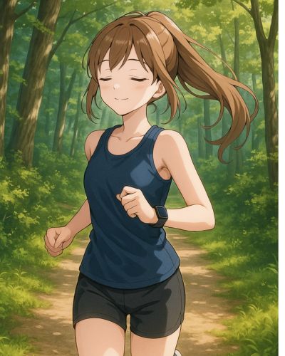 Anime lány erdei úton fut okosórával – az információ fogalma: szenzoradatból értelmezett információ nyugodt környezetben.