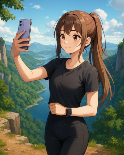 Anime lány szelfit készít egy szakadék szélén, okosórával; az információ fogalma: adatból megosztható információ az Instán.