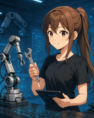 Anime-stílusú lány futurisztikus laborban robotkart épít, kezében csavarkulccsal és tablettel, a műszaki informatika világát bemutatva.