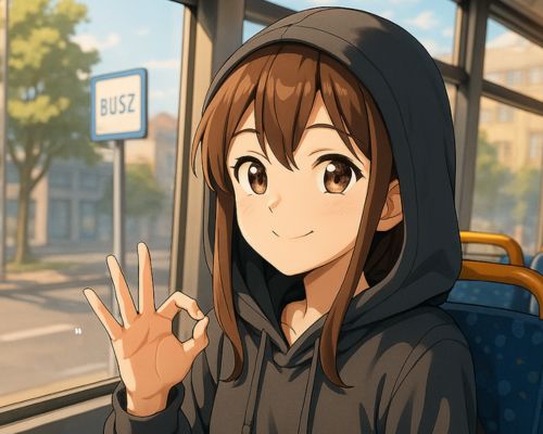 Anime-stílusú fiatal lány kapucnis pulcsiban ül a magyar buszon, mosolyogva „OK” jelet mutat – a Probléma – algoritmus – program folyamat végső, sikeres pillanata.