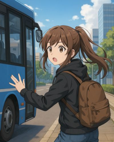 Anime-stílusú magyar diák lány kapucnis pulcsiban és hátizsákkal rohan a busz után – humoros illusztráció, amely a Probléma – algoritmus – program logikáját jeleníti meg a mindennapokban.