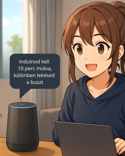 Anime-stílusú lány modern nappaliban, okoshangszóró figyelmezteti, hogy 10 perc múlva indulnia kell – a Probléma – algoritmus – program folyamat valós példája.