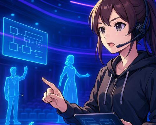 Anime-stílusú lány headsettel és tablettel holografikus szereplőket instruál egy modern, neonfényes színházban – a program működésének vizuális szemléltetése