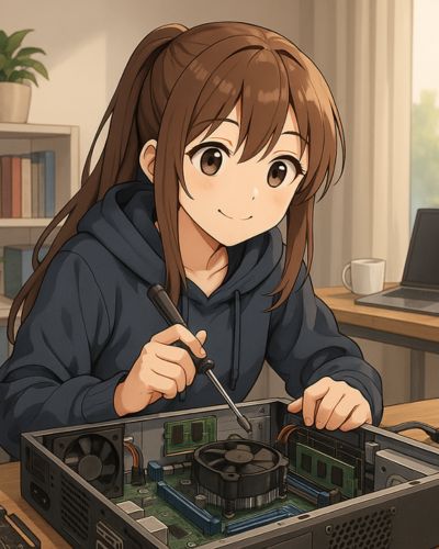 Anime-stílusú lány szétszerel egy számítógépet – a számítógép felépítése leckéhez