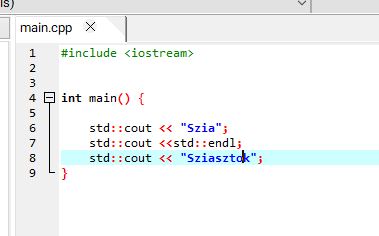 C++ be- és kimenet: std::cout több hívással, std::endl és szöveg kiírása – láncolás nélkül.
