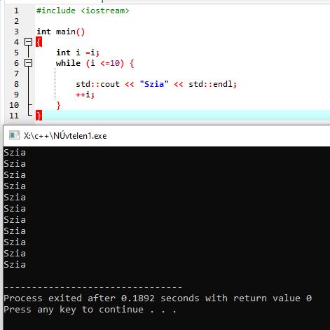 „C++ ciklusok példája while használatával – a program tízszer kiírja a Szia szót.”