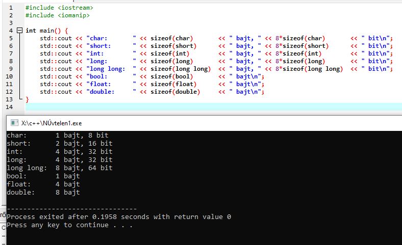 C++ változók mérete bájtban és bitben – sizeof példaprogram képernyőképe