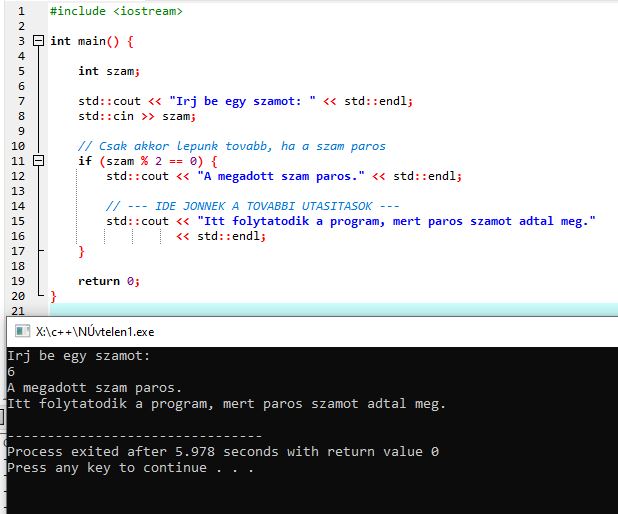C++ feltételek példája – páros szám ellenőrzése if szerkezettel.