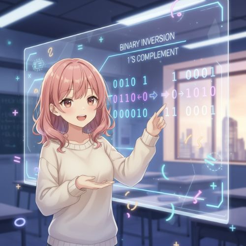 Anime-stílusú lány magyarázza az 1’s komplemens működését a bináris számrendszerben, mutatva, hogyan fordul meg a 0 és az 1.