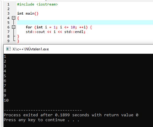 C++ ciklusok – for ciklus, amely 1-től 10-ig kiírja a számokat a képernyőre.