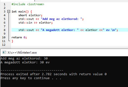 C++ változók – short típusú életkor bekérése és kiíratása példaprogramban