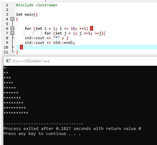 C++ ciklusok – egymásba ágyazott for ciklusokkal készített csillagpiramis.