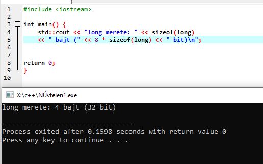 C++ változók – long típus mérete bájtban és bitben kiírva a konzolra