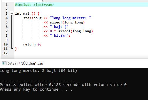 „C++ változók – long long típus mérete kiírva a programban (8 bájt, 64 bit)”
