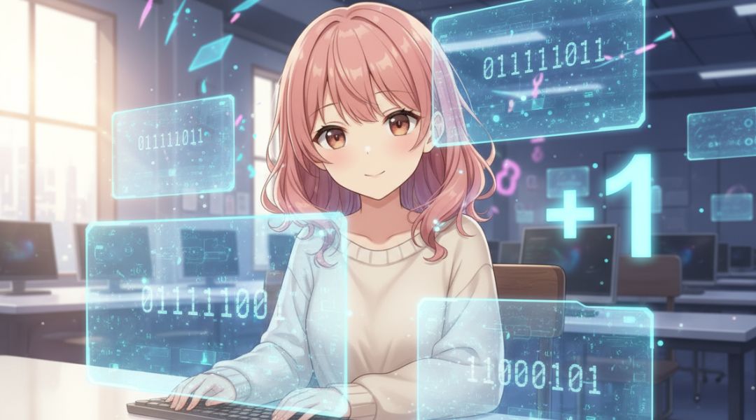 Anime-lány holografikus kijelzőn magyarázza a kettes komplemens számítást, ahol a bináris számok megfordulnak és +1-et kapnak.