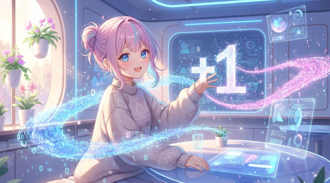 Anime-stílusú illusztráció, amelyen egy lány a 2’s komplemens elvét magyarázza: bináris számok és fénylő „+1” jel lebegnek körülötte, bemutatva, hogyan lesz a kivonásból összeadás.