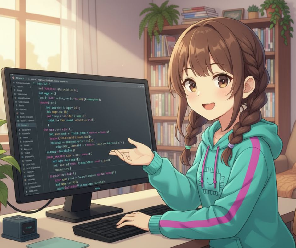 Anime lány magyarázza a C++ változók működését egy számítógép előtt, barátságos tanulós környezetben.