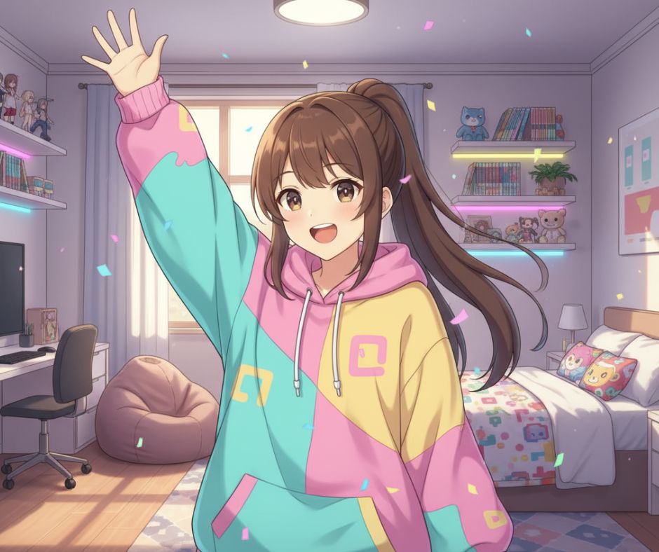 Anime lány örül, hogy végzett a leckével – vidám jelenet színes pulcsiban, konfettivel, modern szobában | c++ változók