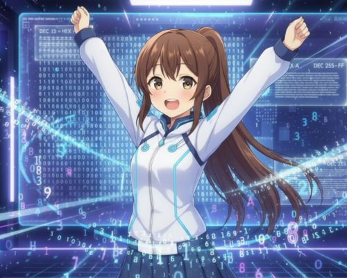 Boldog anime lány a digitális tanteremben, örül, mert befejezte és megértette a hexadecimális leckét.