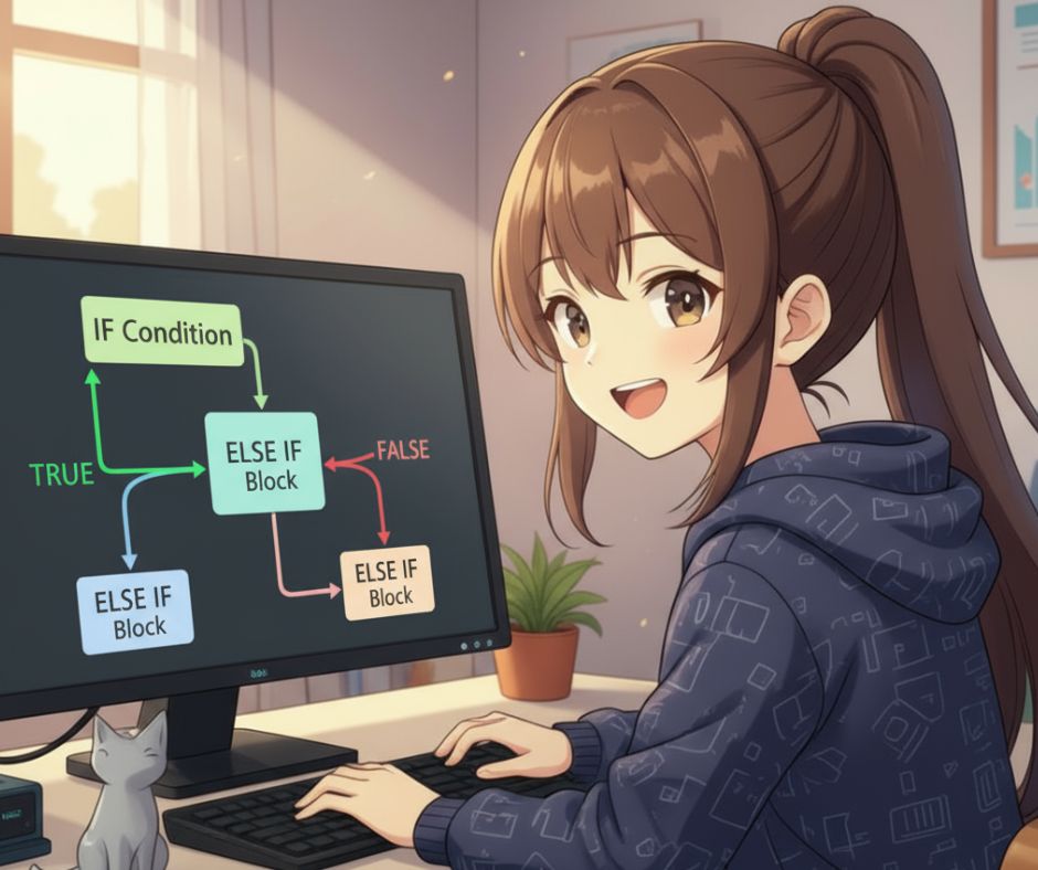 Anime lány C++ feltételek gyakorlása közben, színes if-else ágakkal a monitoron