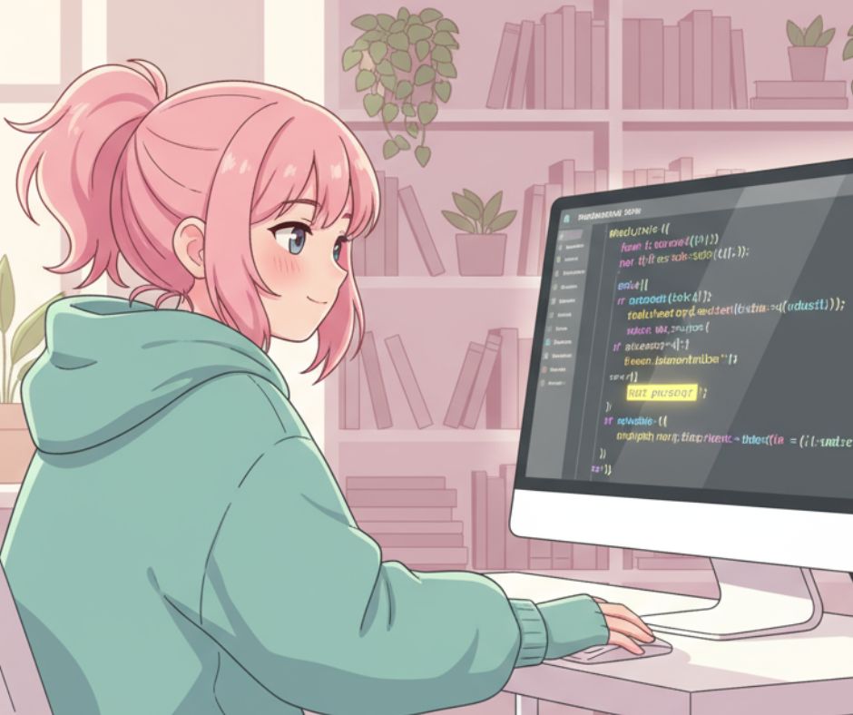 Anime lány C++ minimum keresés feladaton dolgozik a számítógépén, a monitoron for ciklus és min változó látható.