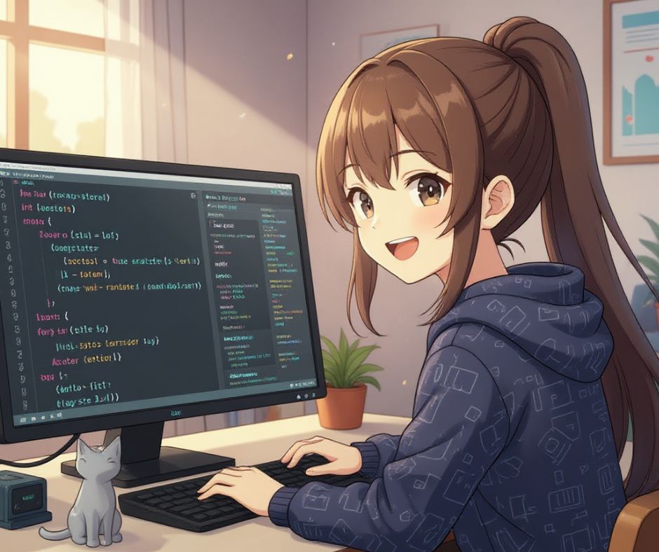 anime lány programozik és C++ változókat gyakorol a számítógép előtt