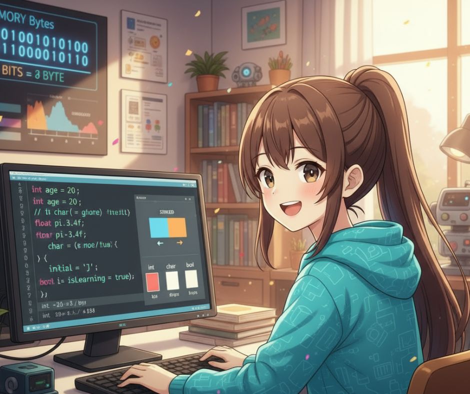Anime lány C++ kódot ír számítógépen, a képernyőn különböző változótípusok: int, float, char, bool, háttérben memória-bájt ábra „8 bits = 1 byte” felirattal.