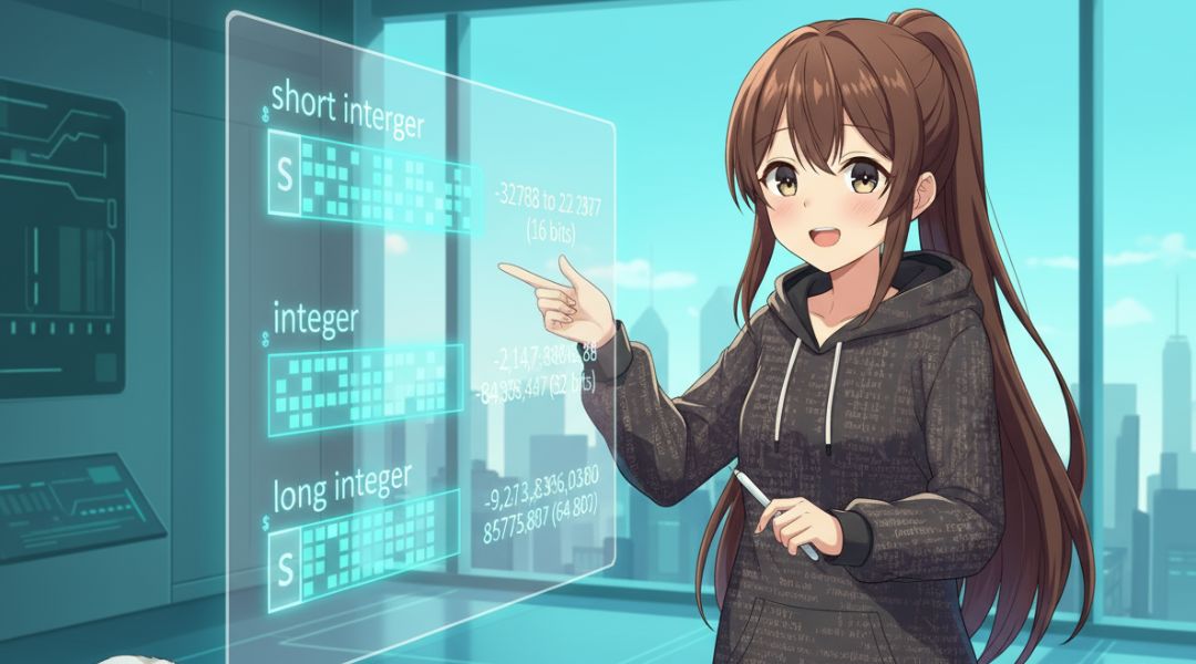 Anime-stílusú illusztráció, amely bemutatja a short, integer és long típusok bitfelépítését és tartományait