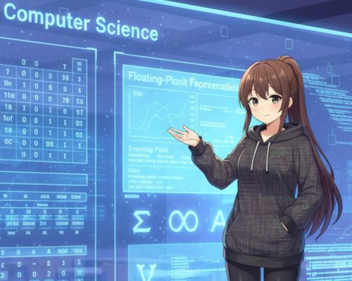 Anime stílusú lány magyarázza az egész típusú számrendszereket, bináris, decimális és hexadecimális számokkal egy digitális táblán, kék fényű futurisztikus háttér előtt.