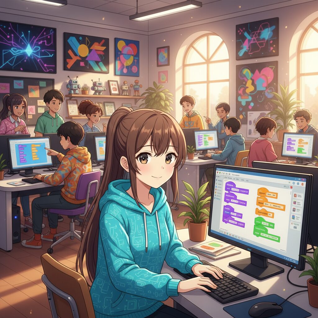 Diákok tanulják, mi az a Scratch programozás egy modern tanteremben, ahol színes számítógépes képernyőkön kódolnak.