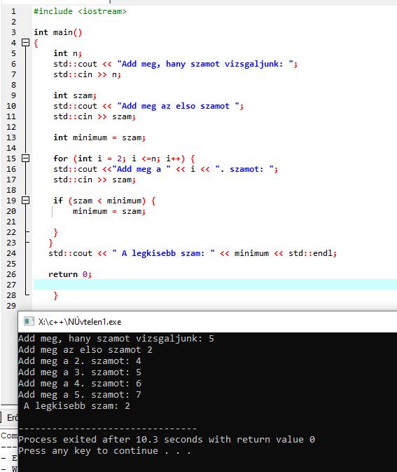 „C++ ciklusok példája while használatával – a program tízszer kiírja a Szia szót.”