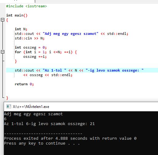 C++ ciklusok – for ciklus, amely kiszámolja az 1-től N-ig lévő számok összegét.