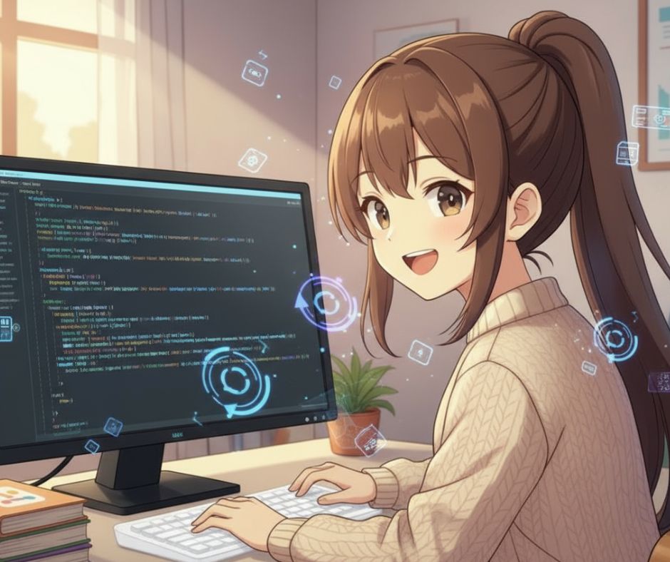 Anime lány C++ ciklusok tanulása közben, a referenciaarc megtartásával, for és while szerkezeteket megjelenítő monitorral.