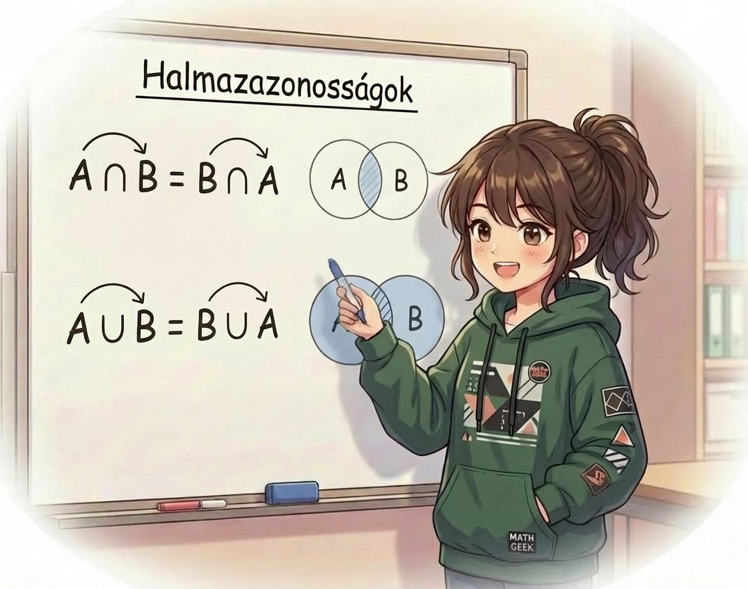 Anime lány a táblánál a halmazazonosságokat magyarázza: A ∩ B = B ∩ A és A ∪ B = B ∪ A Venn-diagramokkal.