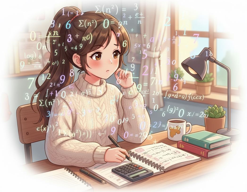 Anime lány rengeteg lebegő szám között tanulja a halmazelmélet alapok témát.