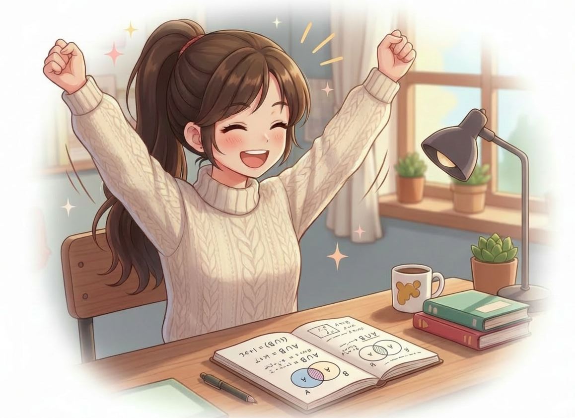 Anime lány örül, hogy megértette a halmazelmélet alapok témát, füzetében halmazműveletek és Venn-diagramok.