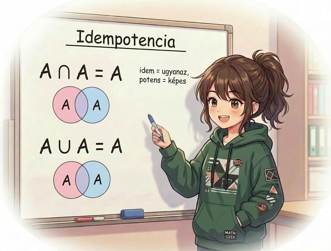 Anime lány a táblán az idempotencia szabályait magyarázza: A ∩ A = A és A ∪ A = A.