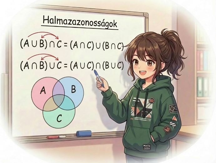 Anime lány a táblánál a halmazazonosságok disztributivitását magyarázza: (A ∪ B) ∩ C = (A ∩ C) ∪ (B ∩ C) és (A ∩ B) ∪ C = (A ∪ C) ∩ (B ∪ C) Venn-diagrammal.
