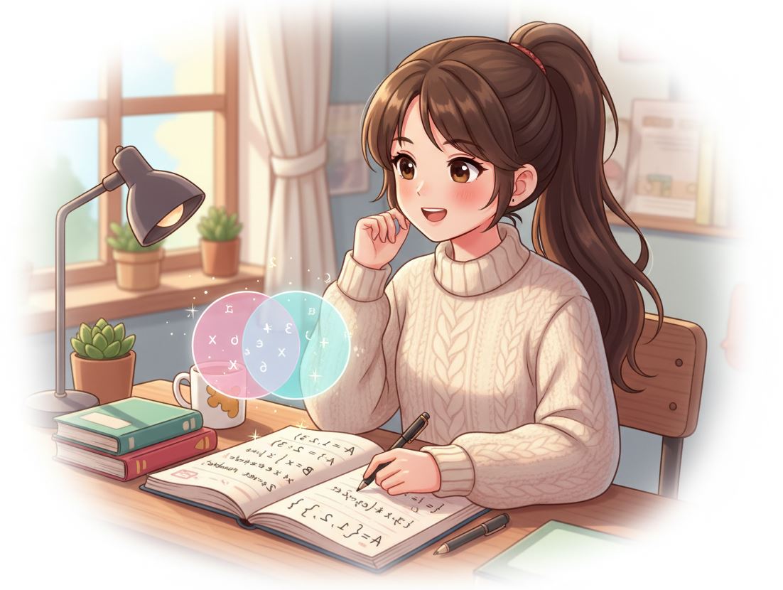 Anime lány matekot tanul, füzetében halmazok és Venn-diagram, halmazelmélet alapok illusztrációja.