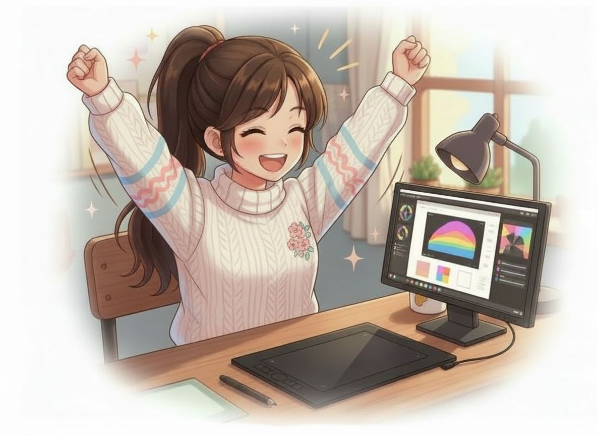 Vidám anime lány számítógépnél grafikát készít, Inkscape alapok tanulása