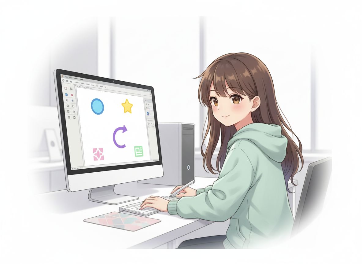 Inkscape alapok: diák vektoros ikonokat szerkeszt számítógépen (kör, csillag, nyíl)