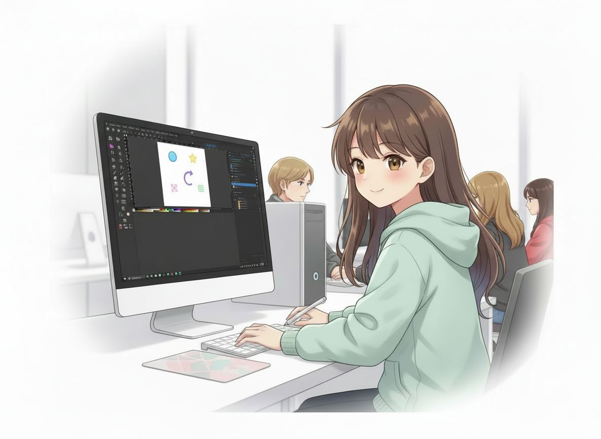Inkscape felülete: anime stílusú illusztráció, ahol egy diák az Inkscape program munkaterületét használja a számítógépen