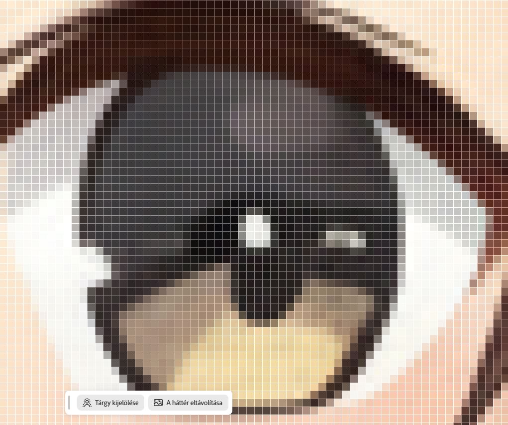 Pixelgrafika példa: anime lány szeme 1600× nagyításban, látható pixelrács és képpontok