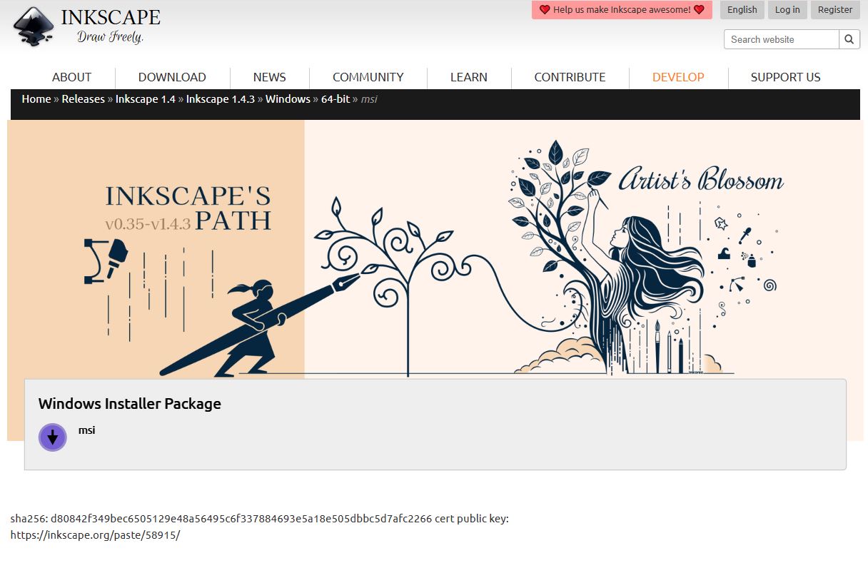 Inkscape letöltés Windowsra a hivatalos inkscape.org oldalon – Windows Installer Package (MSI)