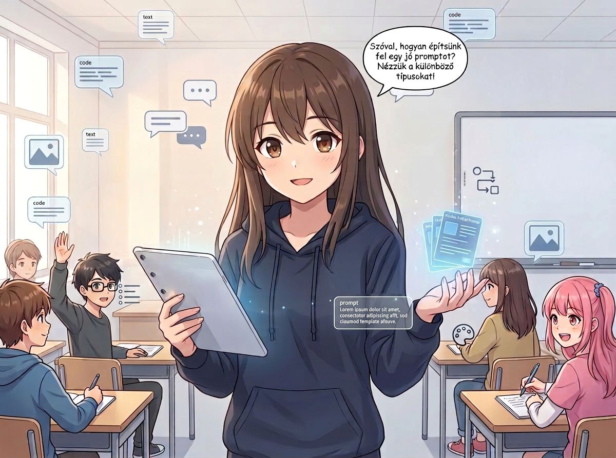 Prompttípusok szemléltetése egy tantermi jelenettel és mesterséges intelligenciát használó diákkal